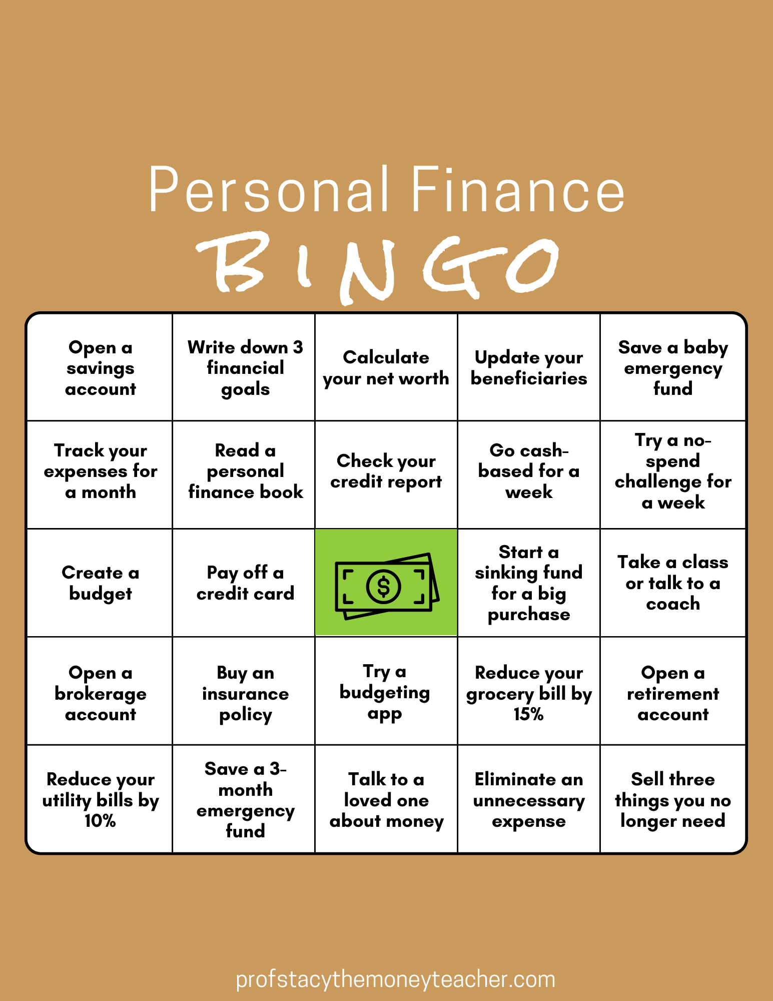 Personal Finance Bingo Card | Prof. Stacy, The Money Teacher